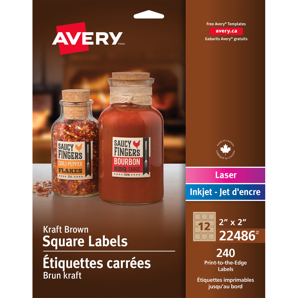 Étiquettes carrées Avery Kraft marron, 5,1 x 5,1 cm, 240 unités (22486)
