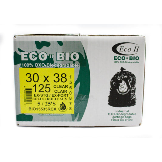 Eco II Oxo-Biodegradable Garbage Bags - 30" x 38" - Extra Strong - Clear Tint - 25/Roll - 125 Pack