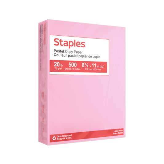 Papier photocopie Staples 30 % recyclé couleur pastel - Format lettre - 8-1/2" x 11" - Rose - 500 feuilles