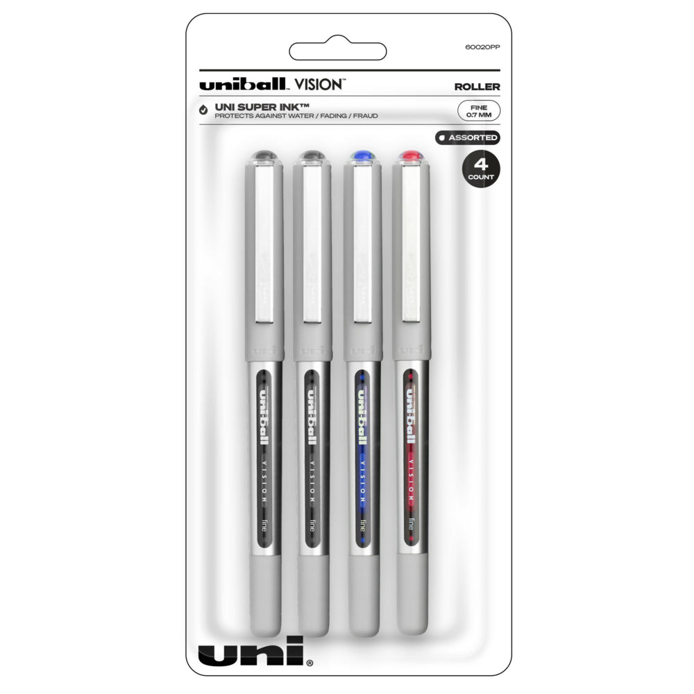 uni-ball Vision Rollerball Pens - Fine Point (0.7mm) - Assorted Colours - 4 Pack