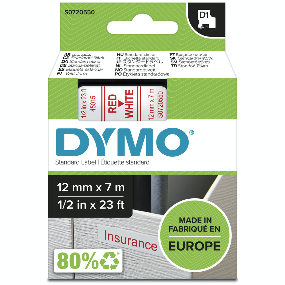 Ruban pour étiqueteuse DYMO D1 - 12 mm (1/2") - Impression rouge sur étiquette blanche