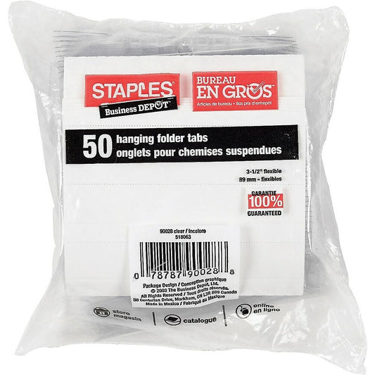 Staples Clear Hanging File Folder Tabs - 3-1/2" - 50 Pack