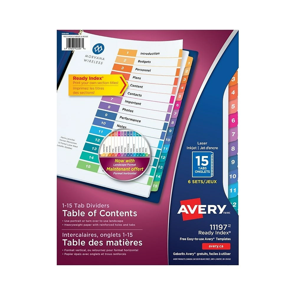 Avery Ready Index Table of Content Dividers for Laser and Inkjet Printers, 15 Tabs, 6 sets, Multi-colour, (11197)