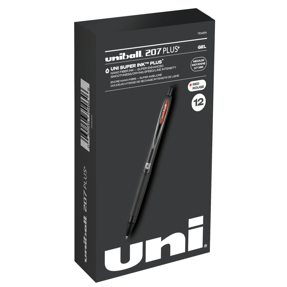 Stylos gel rétractables Uni-Ball 207 Plus+ – Pointe moyenne (0,7 mm) – Rouge – Lot de 12