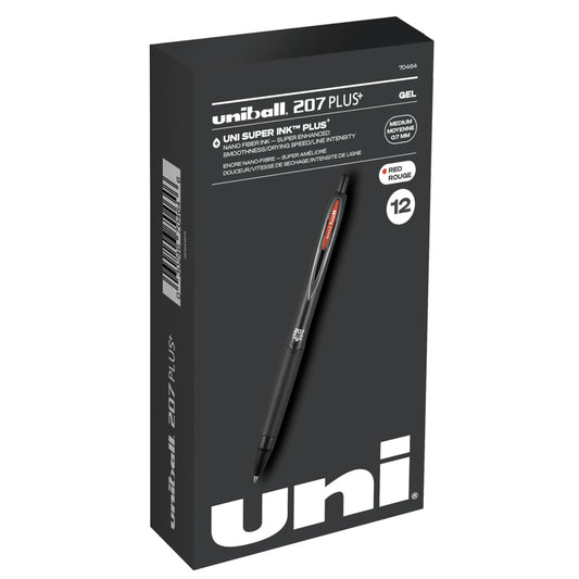 Stylos gel rétractables Uni-Ball 207 Plus+ – Pointe moyenne (0,7 mm) – Rouge – Lot de 12