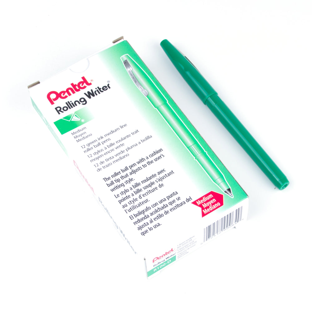 Pentel Orginal Rolling Writer Cushion Tip Pen - 0.8mm - Green - 12 Pack