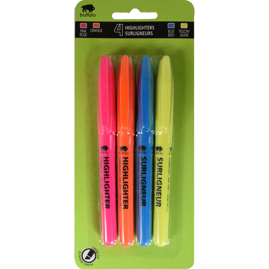 Buffalo Highlighters - Fine Tip - Assorted Colours - 4 Pack