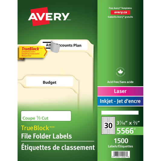 Étiquettes de classement permanentes jet d'encre/laser Avery 5566 avec TrueBlock, blanches, paquet de 1 500