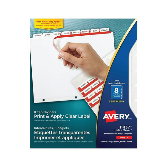Intercalaires transparents Avery Index Maker, 8 onglets, 5 jeux, blancs (11437)