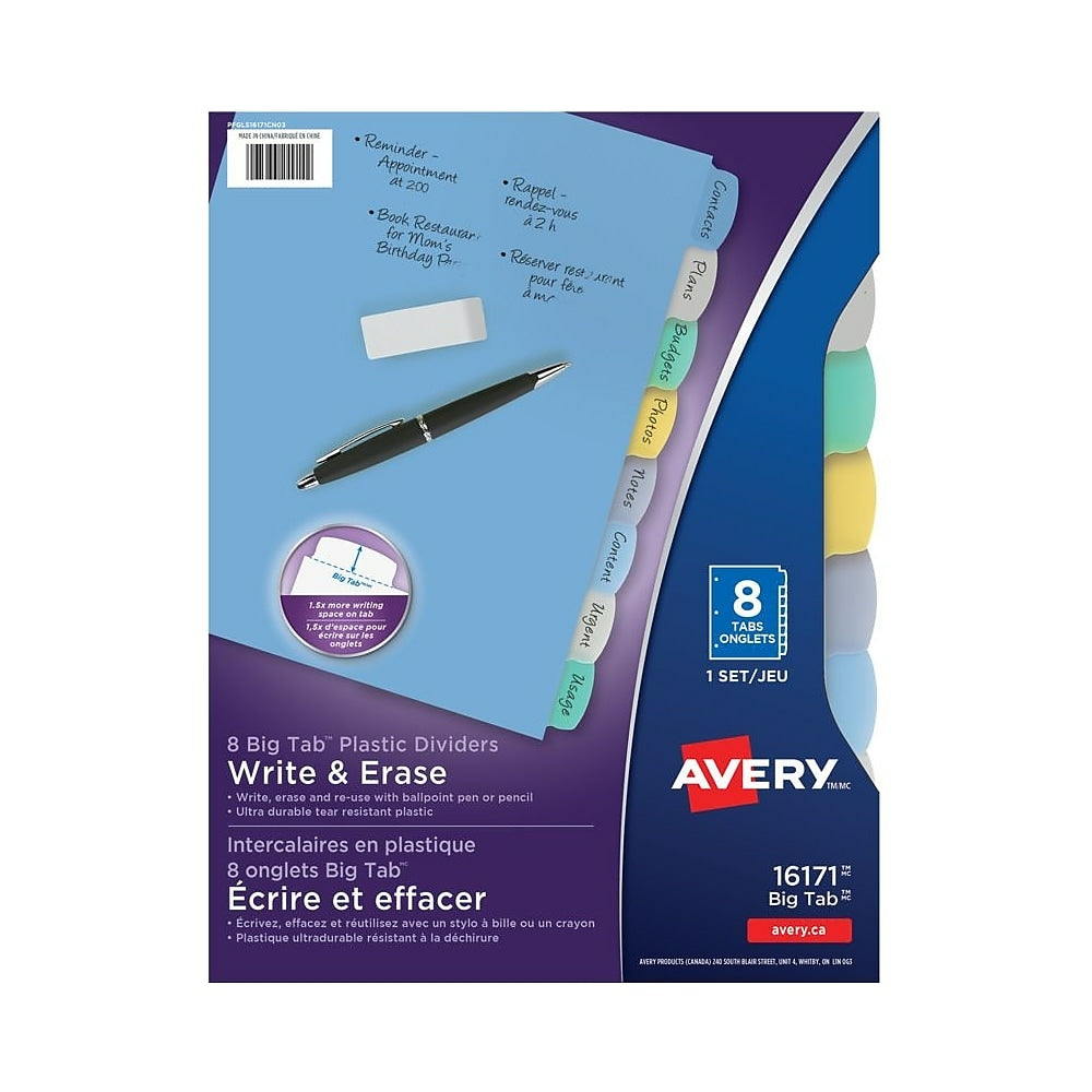 Intercalaires inscriptibles en plastique durable Avery Write &amp; Erase - 8 onglets - Multicolore
