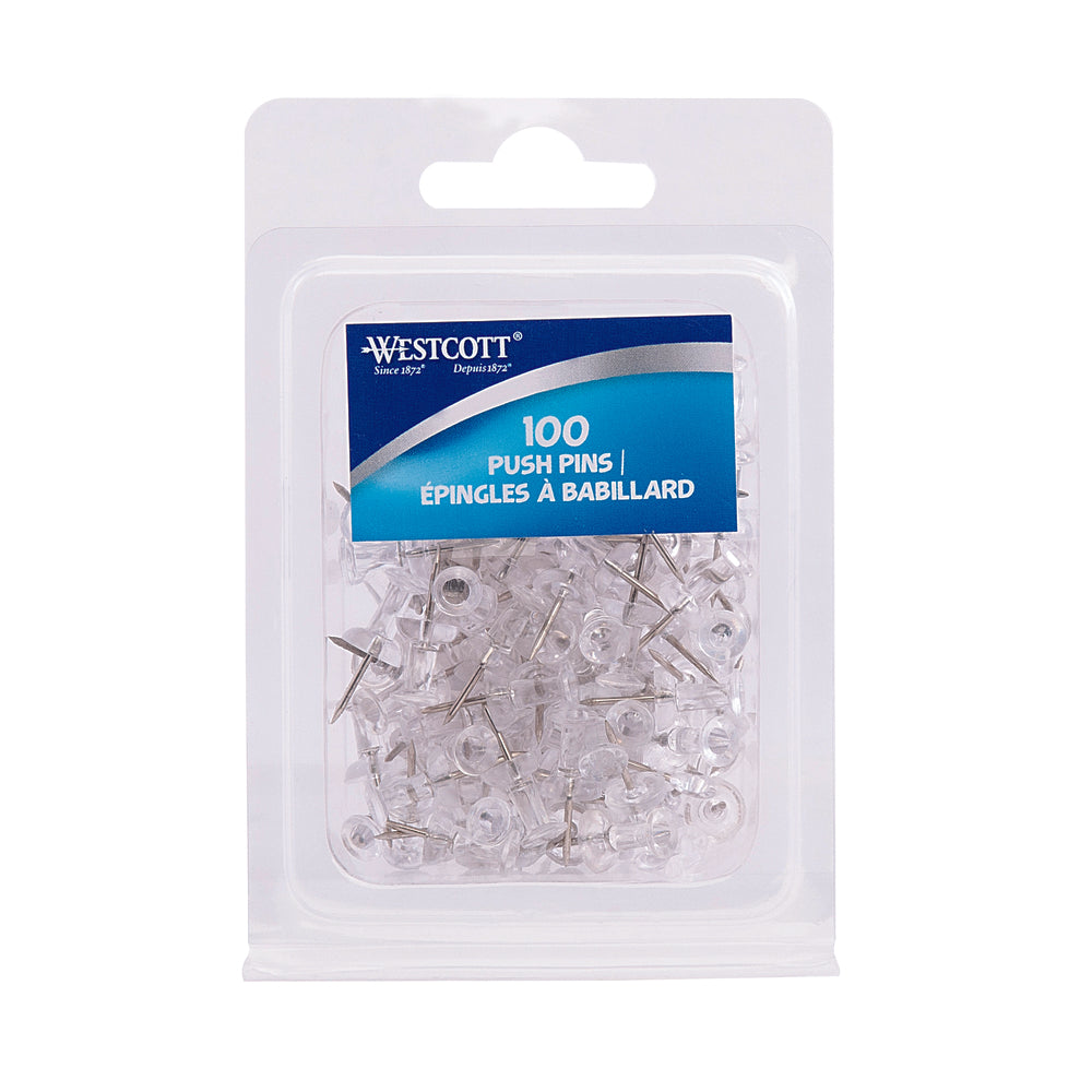 Westcott Push Pins - 1" - Clear - 100 Pack