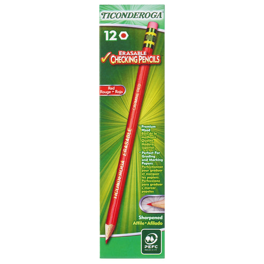 Ticonderoga Erasable Checking Wood-Cased Pencils - Pre-Sharpened - Red - 12 Pack