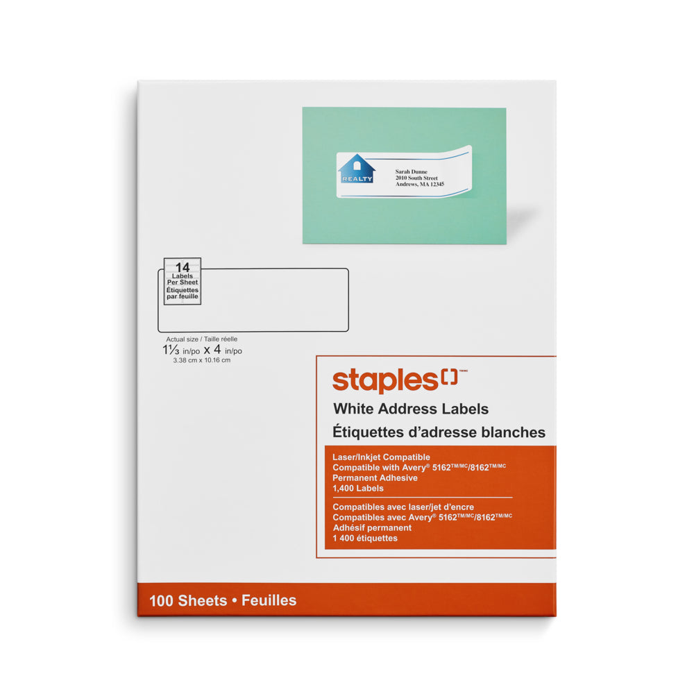 Étiquettes d'expédition blanches Staples pour imprimantes à jet d'encre/laser - 1-1/3" x 4" - Paquet de 1400