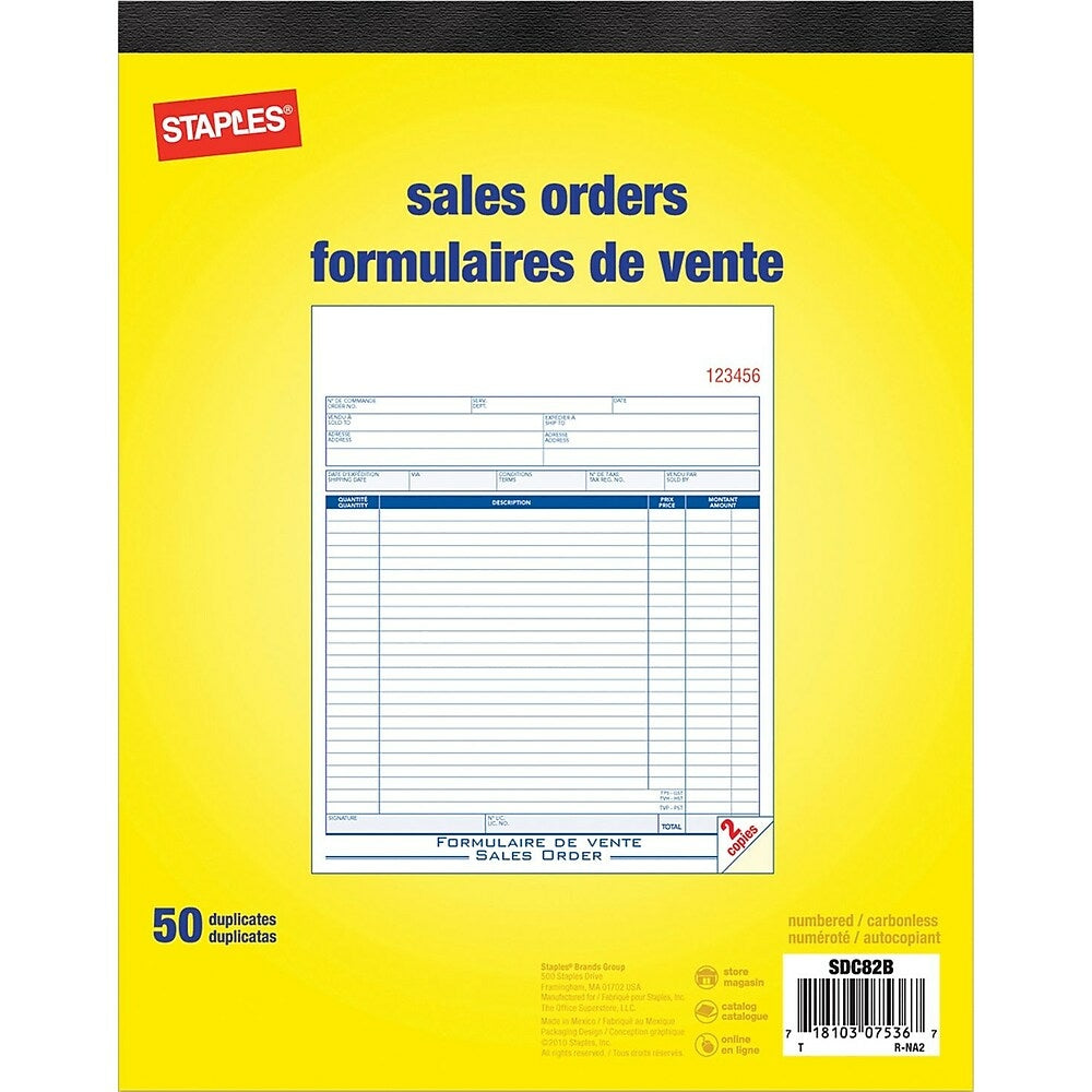 Staples Bilingual Sales Order Form - Duplicates - Carbonless - Staple Bound - 8" x 10" - 50 Forms