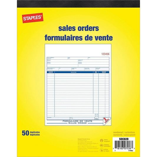 Staples Bilingual Sales Order Form - Duplicates - Carbonless - Staple Bound - 8" x 10" - 50 Forms