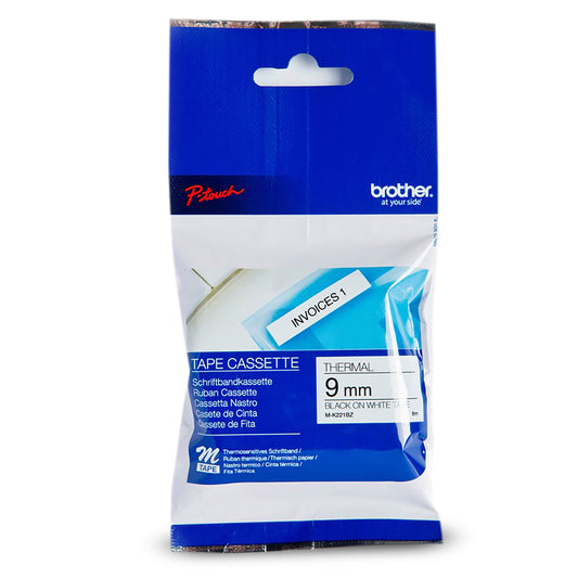 Ruban adhésif non laminé noir sur blanc Brother MK221 d'origine pour étiqueteuses P-touch, 9 mm de large x 8 m de long
