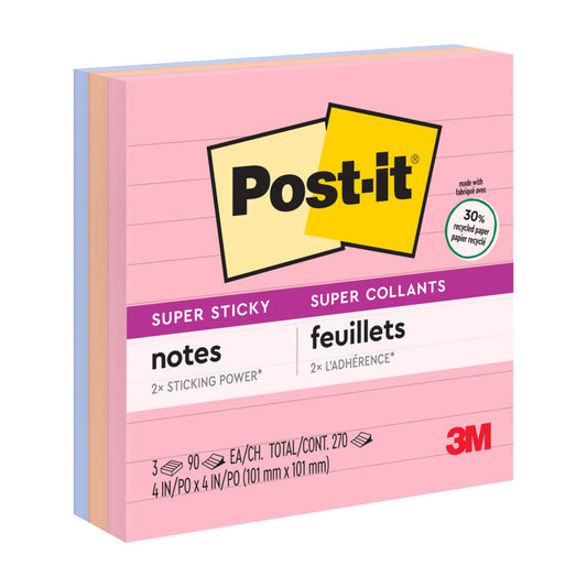 Notes Post-it recyclées super adhésives - Collection Wanderlust Pastels - Lignées - 10 x 10 cm - Paquet de 3