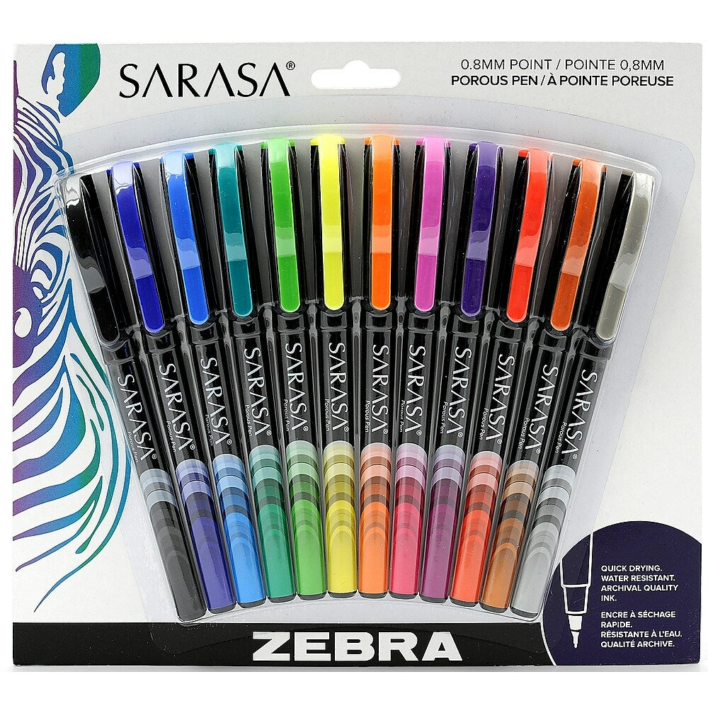 Zebra Sarasa Porous Pens, 0.8mm, Assorted, 12 Pack