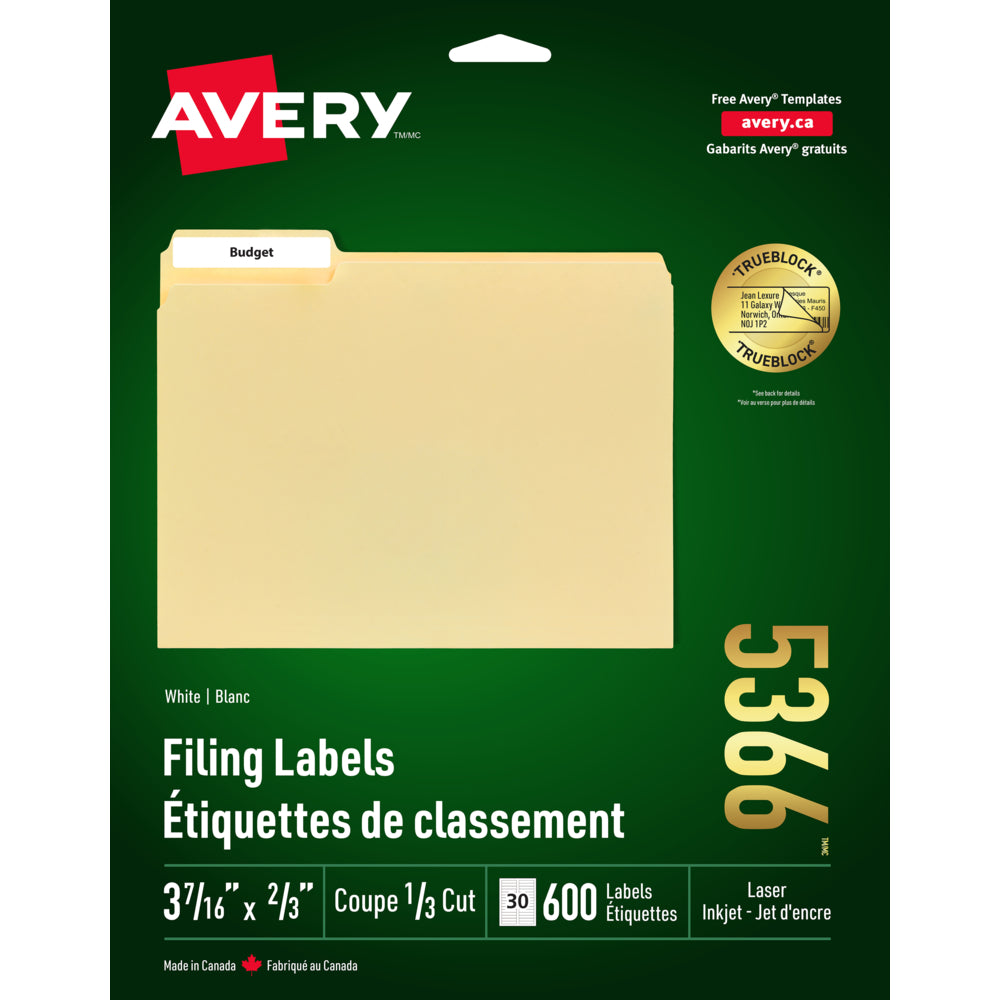 Étiquettes de dossiers laser/jet d'encre blanches Avery TrueBlock, 9,75 cm x 6,35 cm, paquet de 600 (05366)