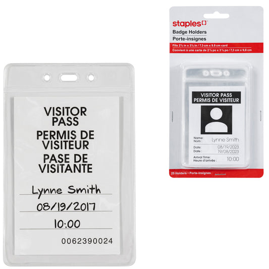Porte-badges verticaux robustes Staples – 7,2 cm x 9,2 cm – Transparent – ​​Paquet de 25