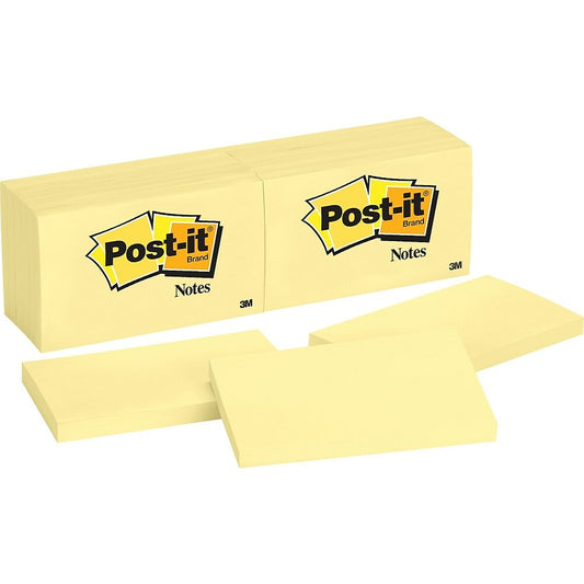 Notes Post-it, jaune canari, 3'' x 5'', 12 blocs/paquet
