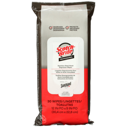 Scotch-Brite Stainless Steel Hood Degreaser Wipes with Scotchgard Protector - 30 Wipes per Pack