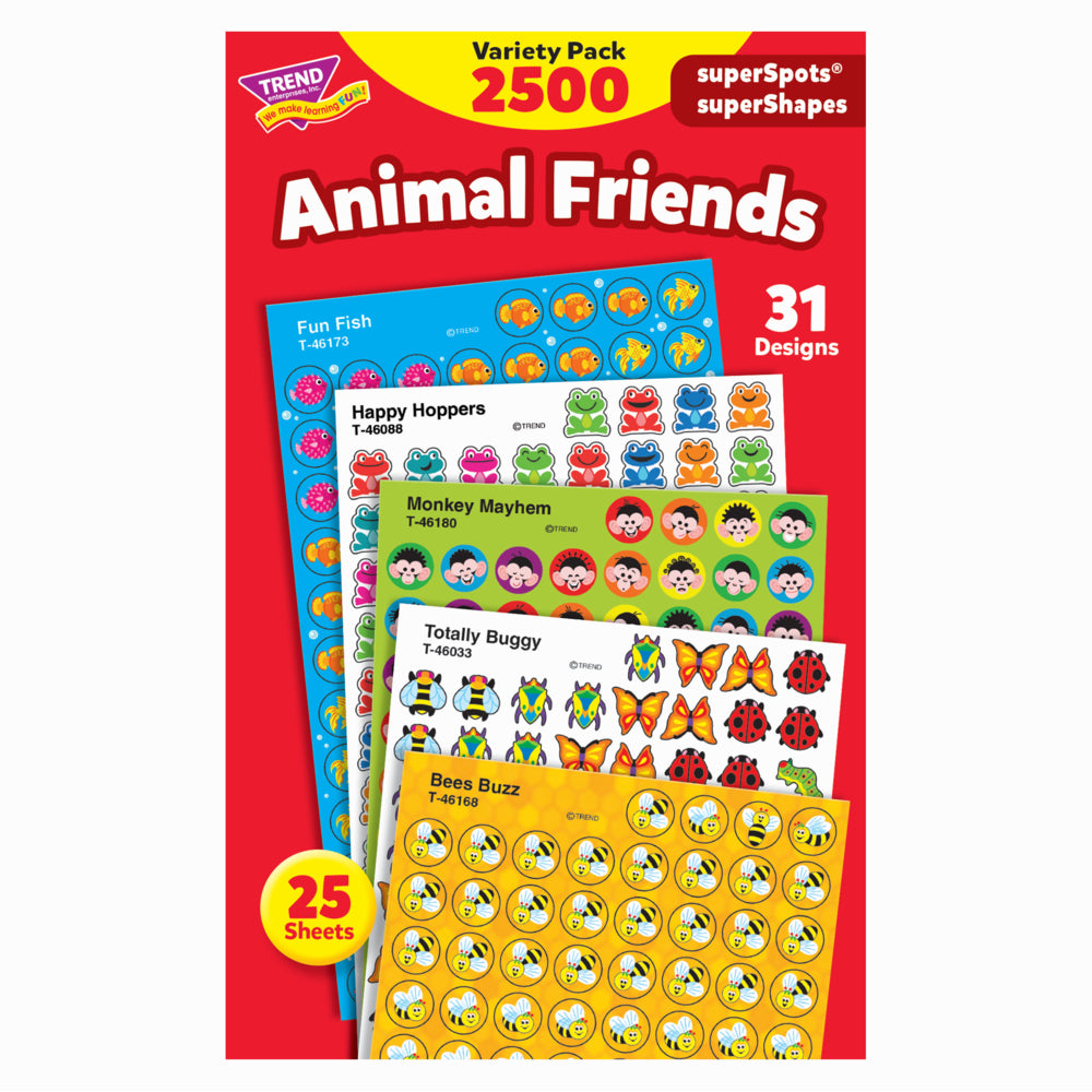 TREND enterprises superSpots and superShapes Stickers Variety Pack - 7/16" - Animal Friends - 2500 Pack