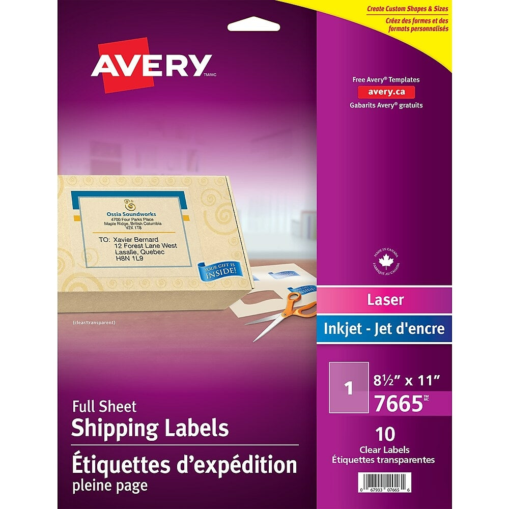 Avery Easy Peel Clear Glossy Laser/Inkjet Shipping Labels, 8-1/2" x 11", 10 Pack (7665)