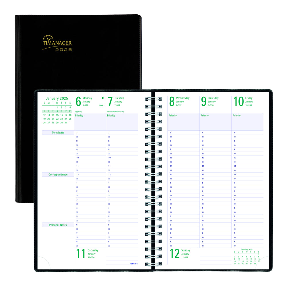 Blueline 2025 Timanager Weekly/Monthly Planner 13 Months - 9-1/16" x 5-7/8" - Black - English