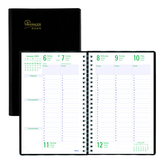 Blueline 2025 Timanager Weekly/Monthly Planner 13 Months - 9-1/16" x 5-7/8" - Black - English