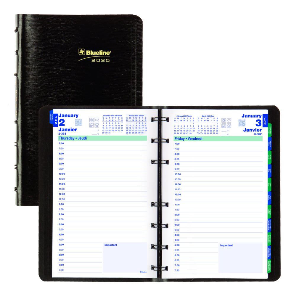 Agenda journalier rechargeable Blueline 2025 MiracleBind - 8" x 5" - Noir - Bilingue