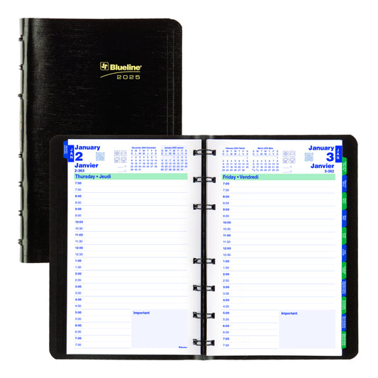 Blueline 2025 MiracleBind Daily Planner Refillable - 8" x 5" - Black - Bilingual