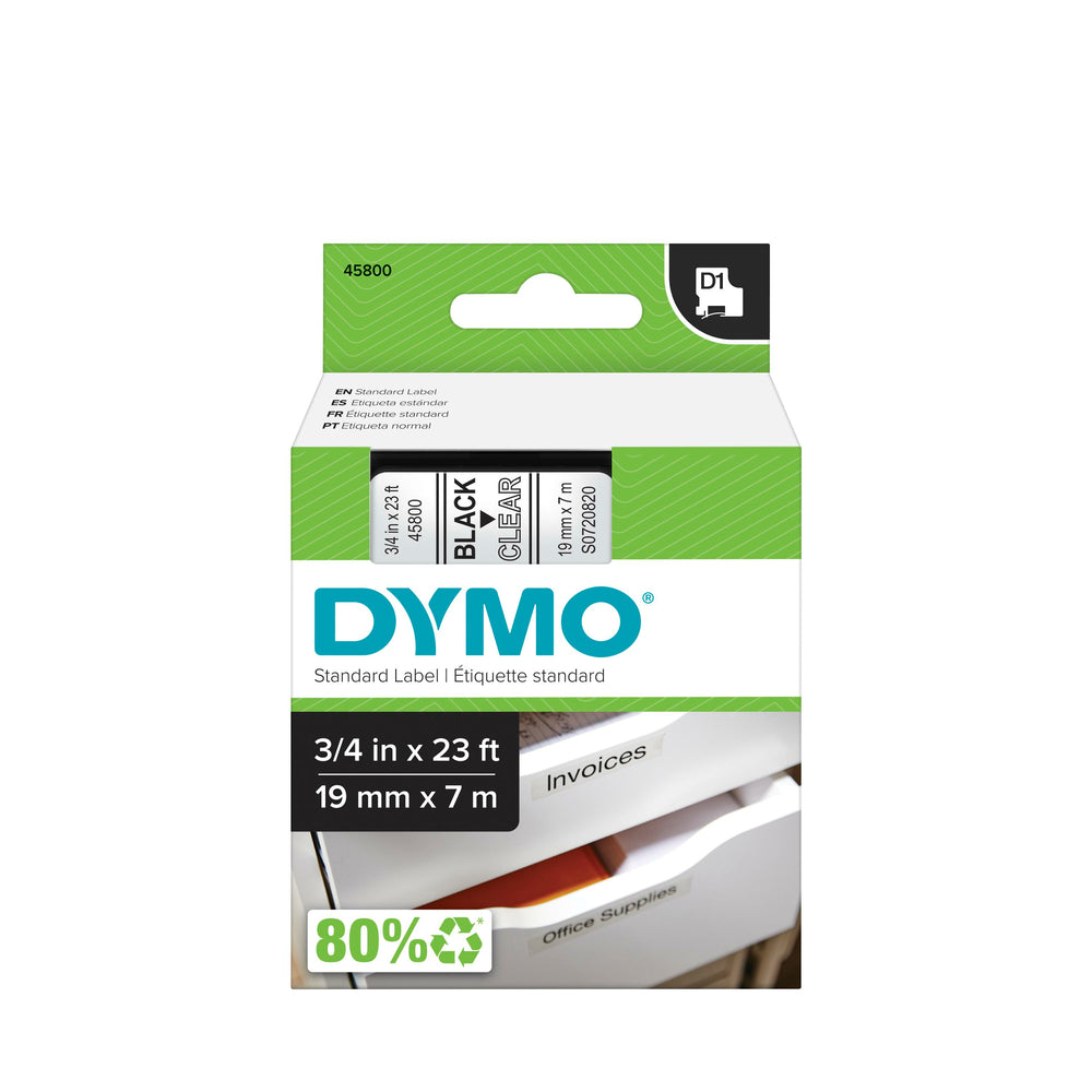 Étiquettes autocollantes DYMO D1 pour étiqueteuses LabelManager - 1,9 cm (l) x 6,9 m (L) - Impression noire sur ruban transparent