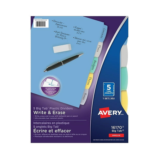 Intercalaires inscriptibles en plastique durable Avery Write &amp; Erase - 5 onglets - Multicolore