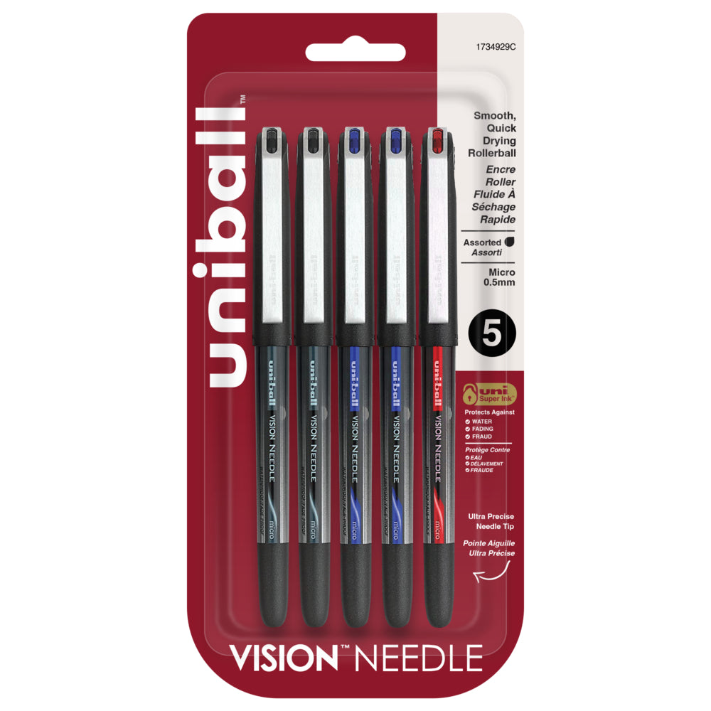 uni-ball Vision Needle Rollerball Pens - Micro Point (0.5mm) - Assorted Colors - 5 Pack