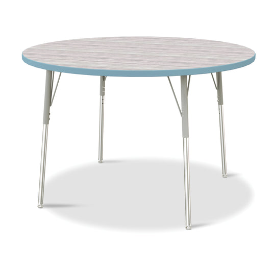 Table d'activités ronde Jonti-Craft Berries - 122 cm de diamètre - 61 à 79 cm de hauteur - Gris bois flotté/Bleu côtier