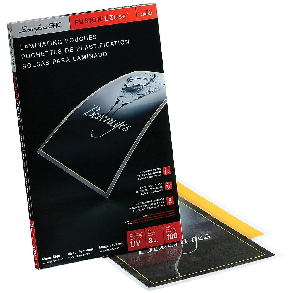 Swingline GBC Clear Fusion EZUse LongLife Speed Thermal Laminating Pouches - 3 mil - Menu - 100 Pack