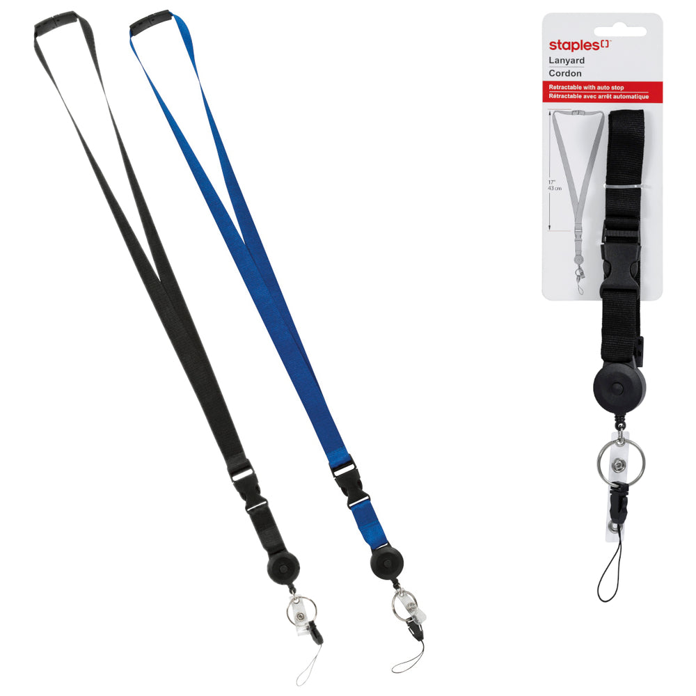 Staples Lanyard with Badge Reel - Breakaway Clasp - Black/Blue