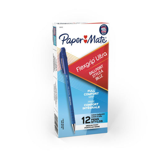 Paper Mate FlexGrip Ultra Stick Ballpoint Pen - Medium Point - Blue Ink - 12 Pack