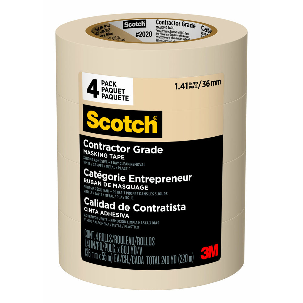 Ruban de masquage Scotch de qualité professionnelle – 36 mm de large x 55 m de long (1,41 po de large x 60,1 vg de long) – Paquet de 4 rouleaux