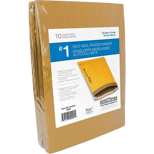 Enveloppes d'expédition matelassées auto-adhésives Crownhill Kraft, n° 1, 7,25" x 12", paquet de 10
