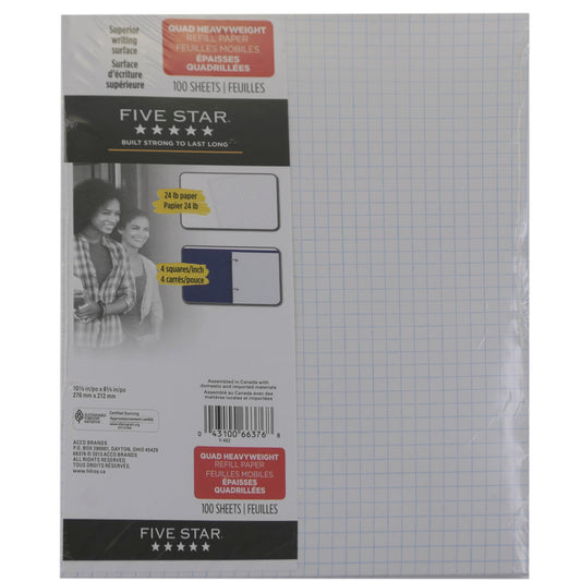 Five Star Refill Paper, Quad Ruled, 4:1, Heavyweight, 10-7/8" x 8-3/8" - 100 Sheets