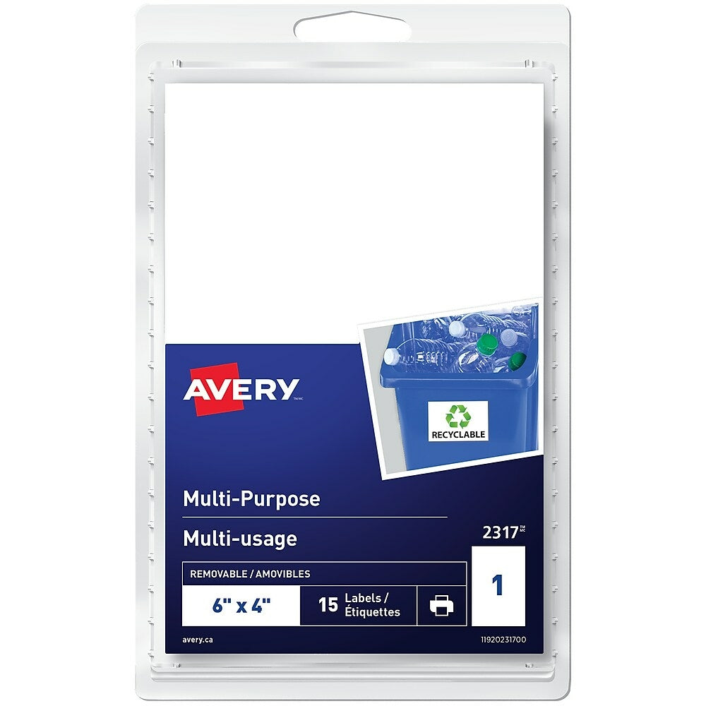 Étiquettes rectangulaires amovibles multi-usages Avery blanches, imprimables ou enregistrables, 4" x 6", paquet de 15 (2317)