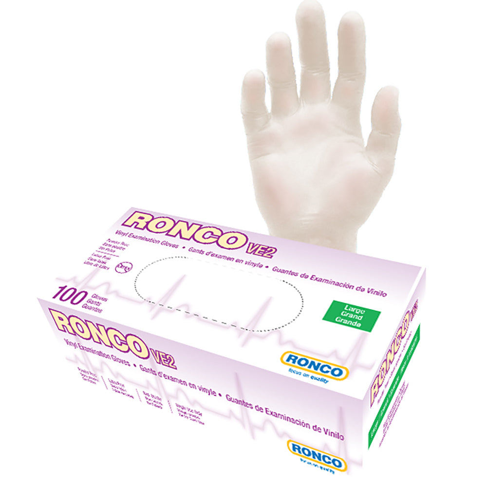 Gants en vinyle multi-usages Ronco VE2 - Transparents - Taille L - Paquet de 100
