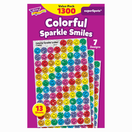 TREND enterprises superSpots Stickers Value Pack - 7/16" -  Colourful Sparkle Smiles - 1300 Pack