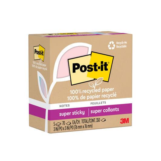 Notes super adhésives Post-it 100 % recyclées - 7,6 x 7,6 cm - Collection Wanderlust Pastels - 370 feuilles - Paquet de 5