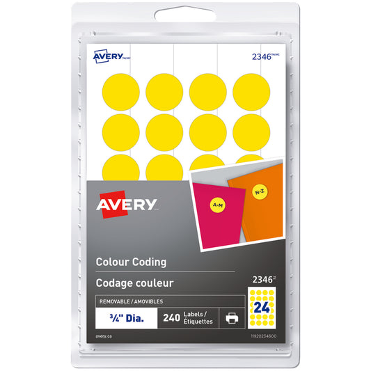 Avery Print or Write Removable Colour-Coding Labels, 3/4" Round, Yellow, 240 Pack (2346)