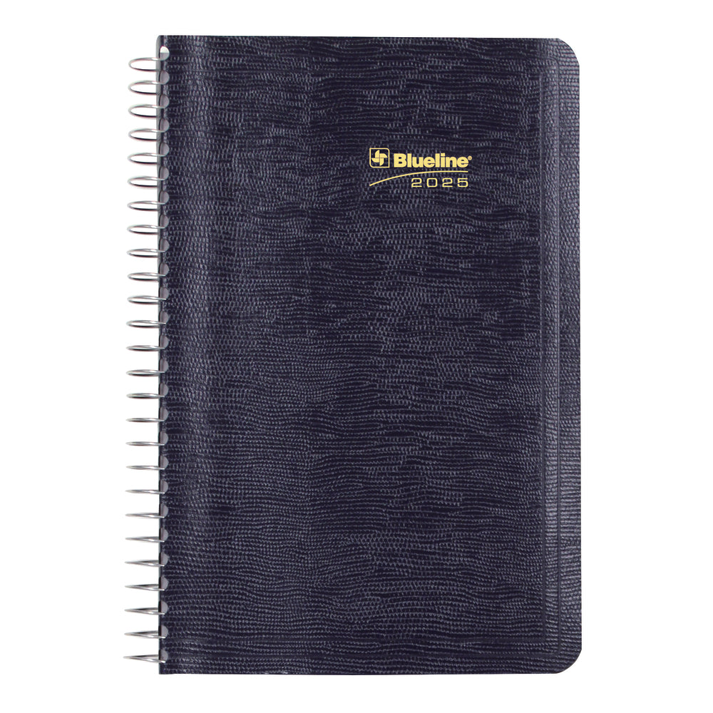 Blueline 2025 Daily Planner Spiral Binding Soft Lizard-Like Cover - 8" x 5" - Blue - Bilingual
