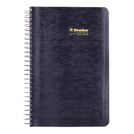 Blueline 2025 Daily Planner Spiral Binding Soft Lizard-Like Cover - 8" x 5" - Blue - Bilingual