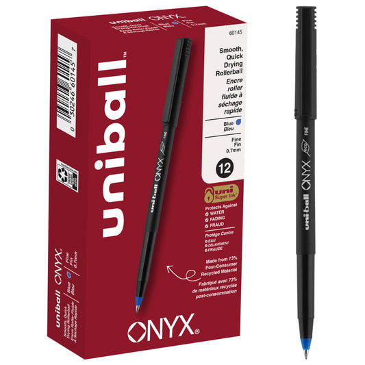 Stylos roller Uni-Ball ONYX - Pointe fine (0,7 mm) - Encre bleue - Lot de 12